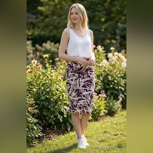 LOFT Plum and Ivory Palm-Print Midi Skirt